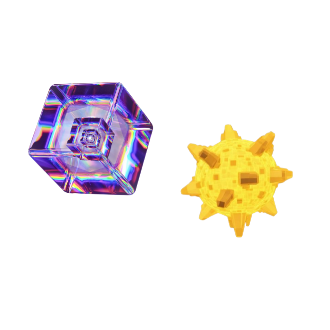 Iridescent cube and yellow textured ball on a white background