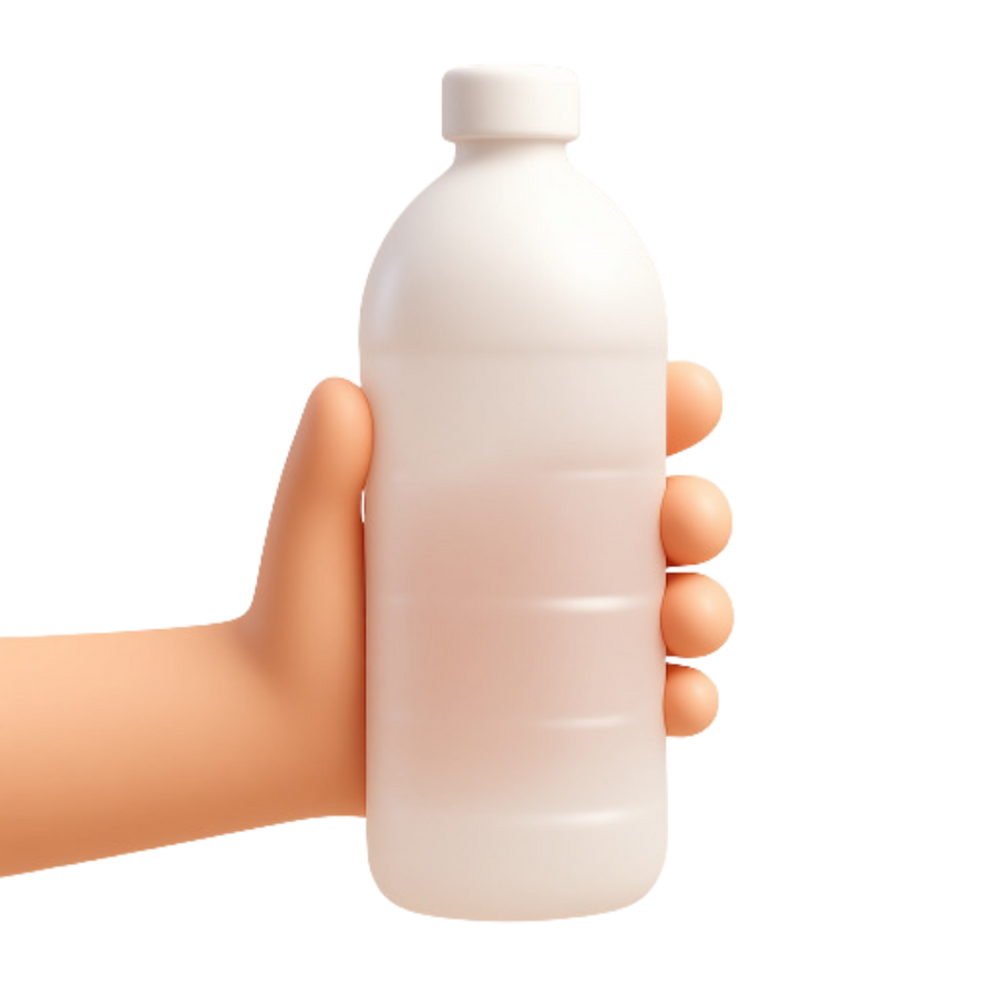 Hand holding a white bottle against a white background