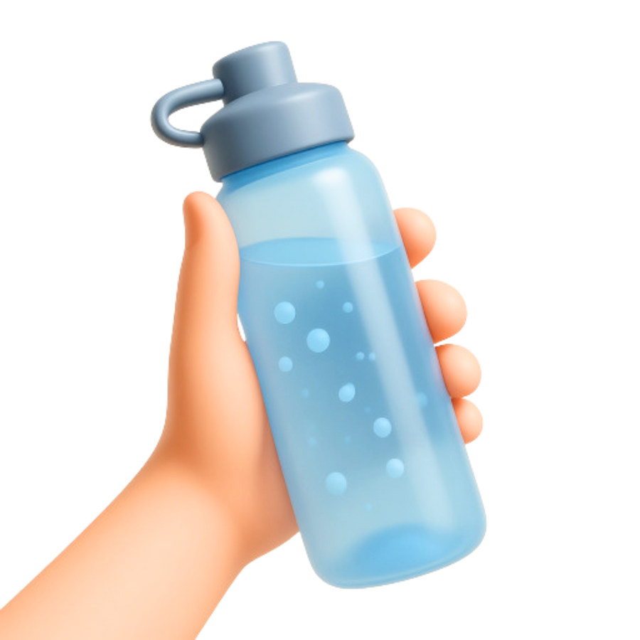 Hand holding a blue water bottle with a white background