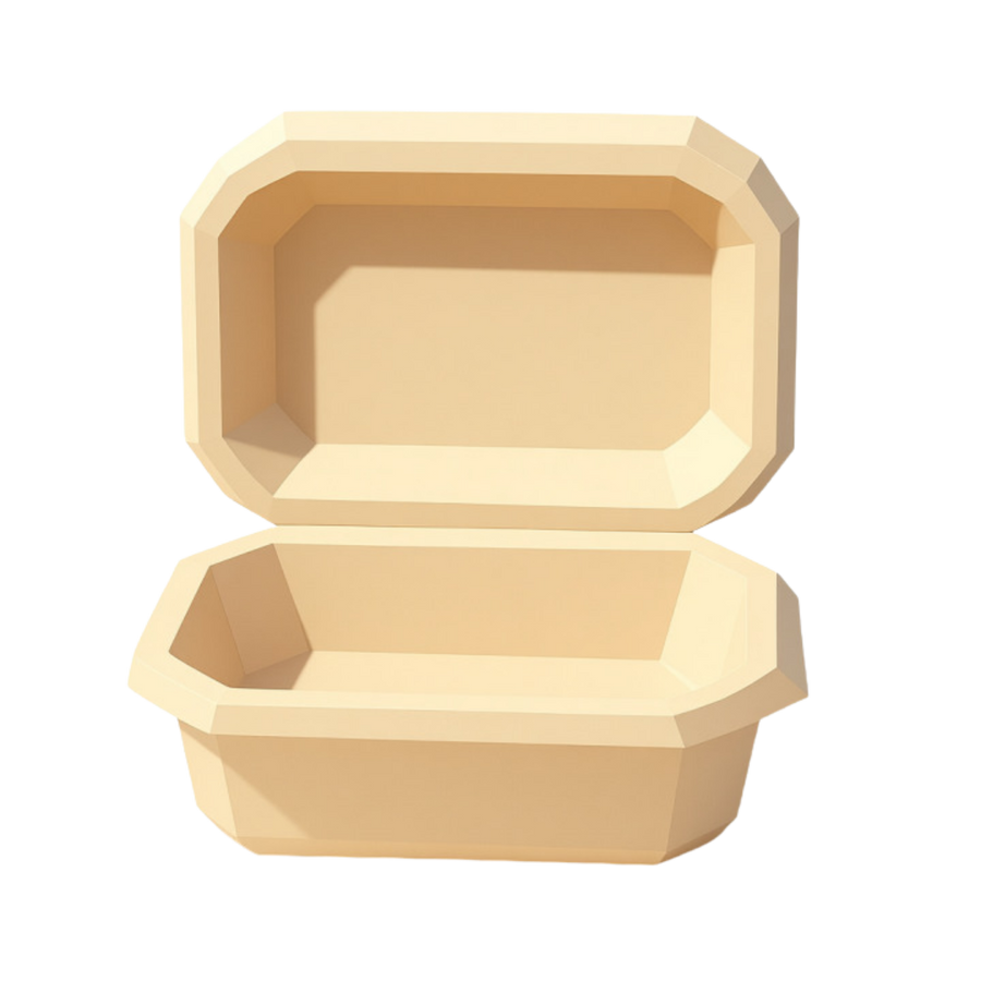 Beige disposable food container with a lid on a white background