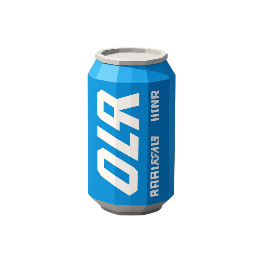Blue can with white text on a white background