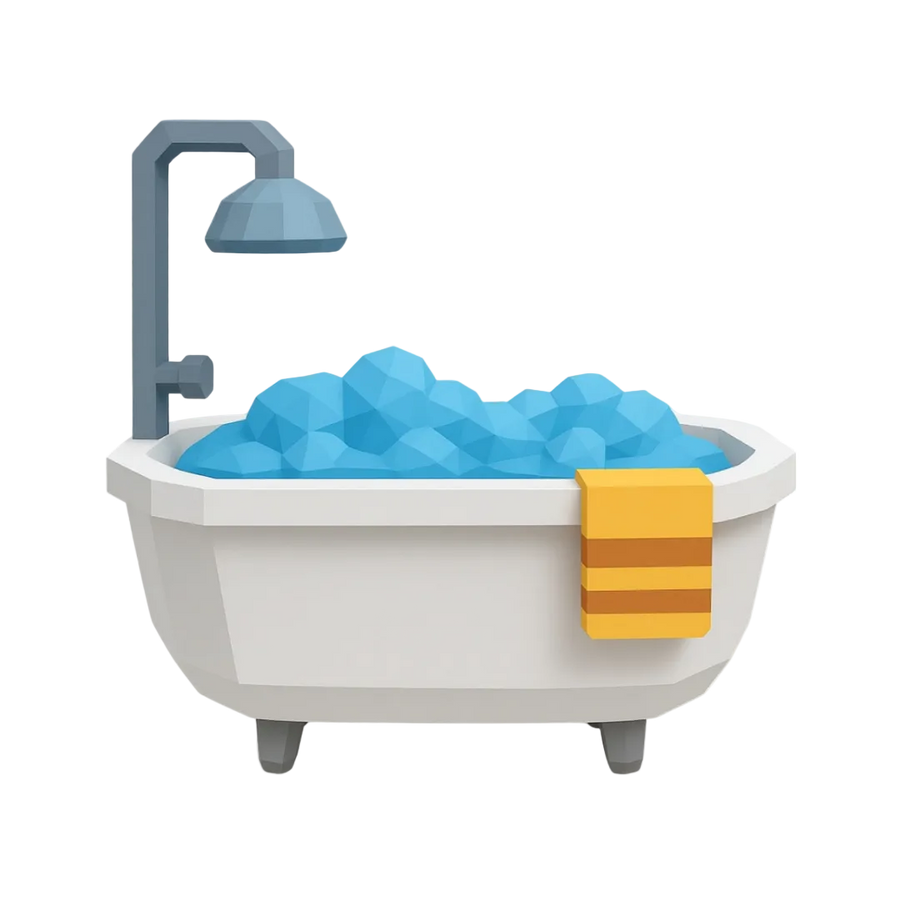 Illustration of a bathtub with blue water, a shower head, and a yellow towel on a white background