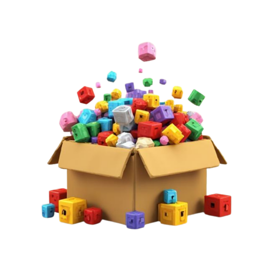Colorful toy blocks spilling out of a cardboard box on a white background