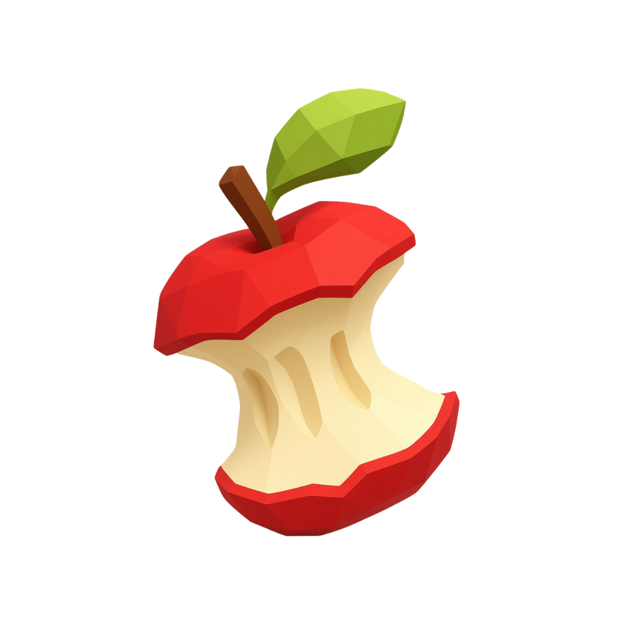 Illustration of a red apple with a bite taken out of it on a white background