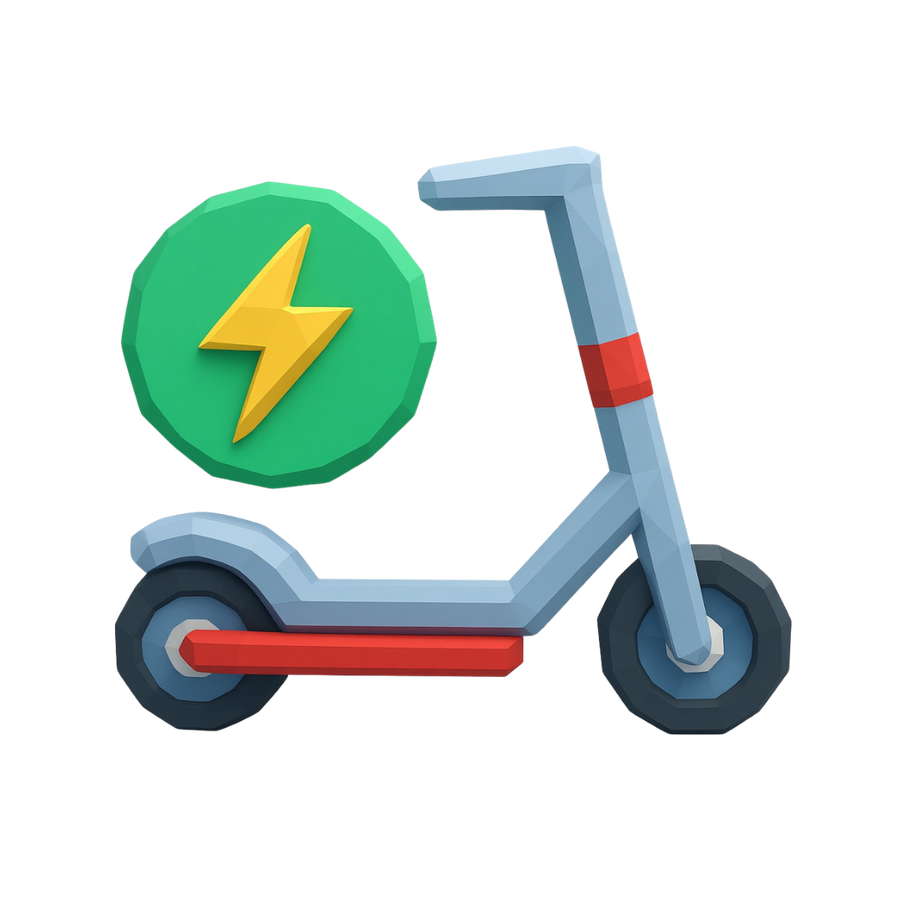 Electric scooter with a green circle and yellow lightning bolt icon on a white background