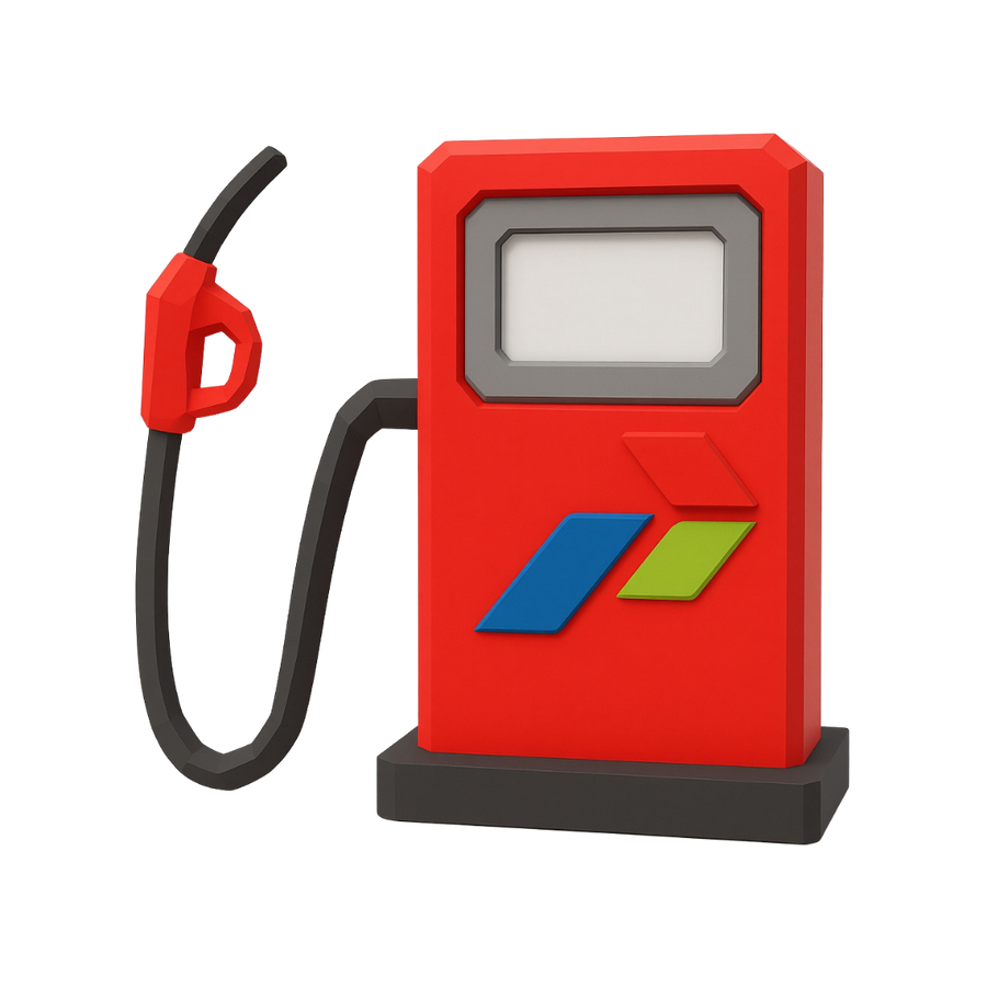 Red toy gas pump with a black hose on a white background