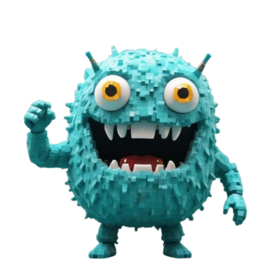 Turquoise monster figurine with large eyes and a wide mouth on a white background