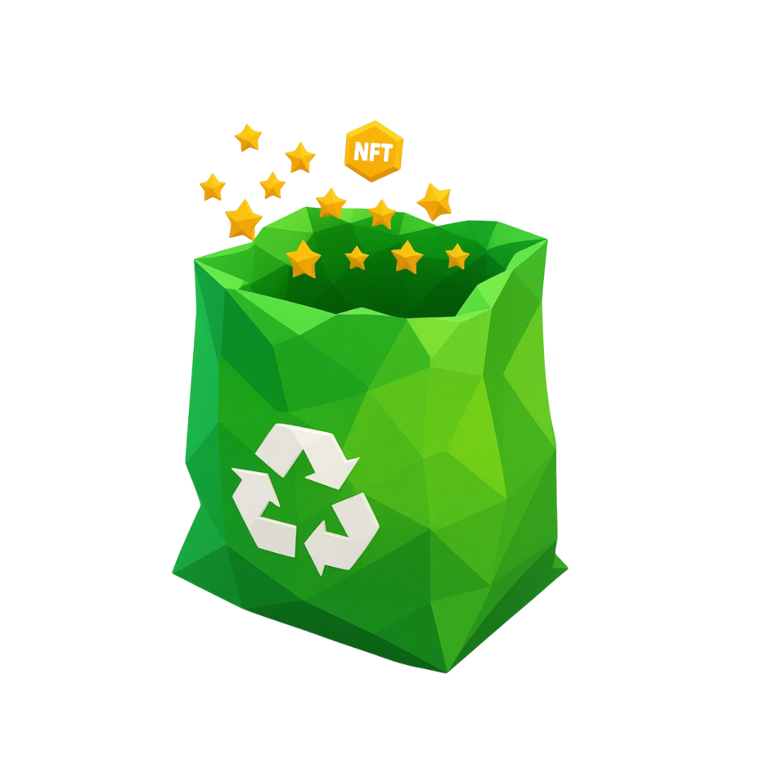 Green recycling bag with a NFT badge and stars on a white background