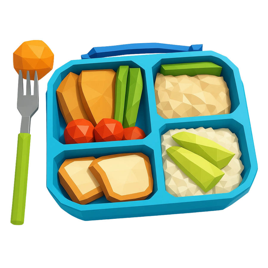 Illustration of a blue bento box with compartments filled with food items and a fork on a white background.