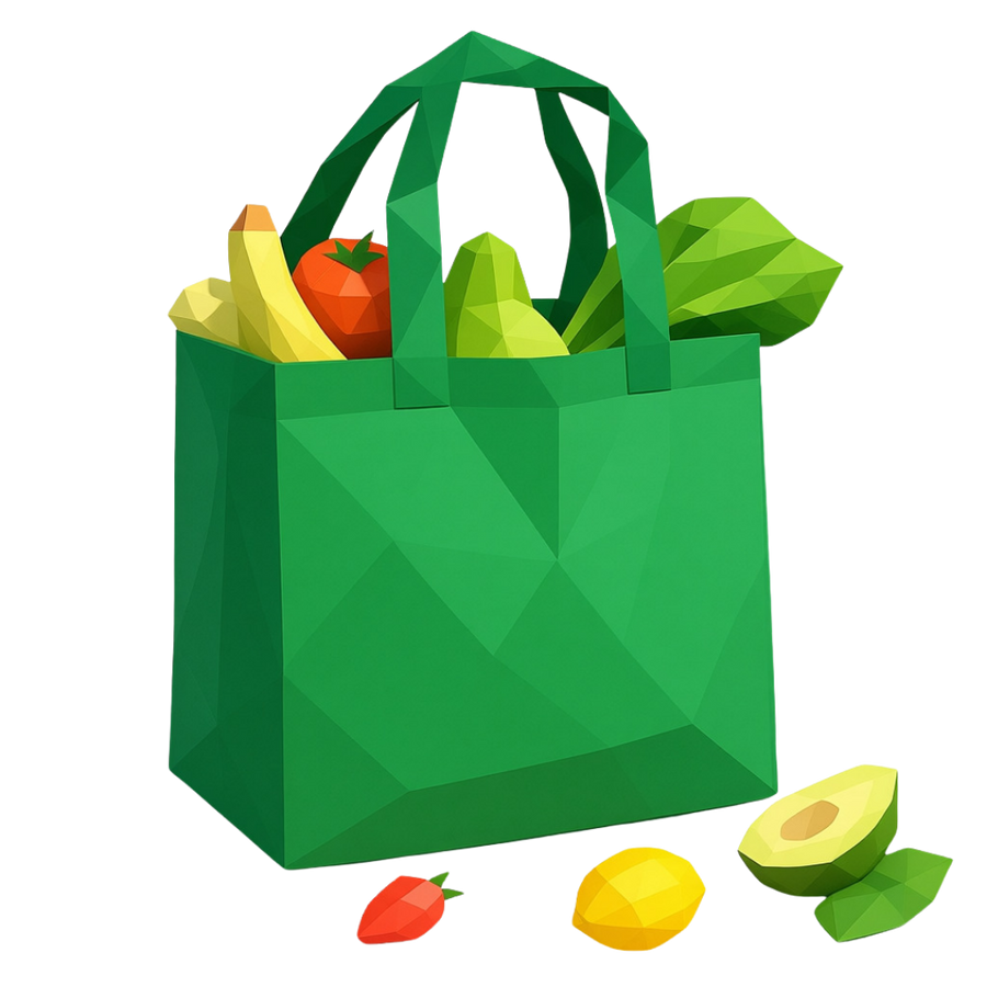 Green reusable shopping bag filled with groceries on a white background