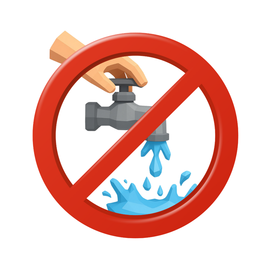 Prohibition sign with a water faucet and running water on a white background