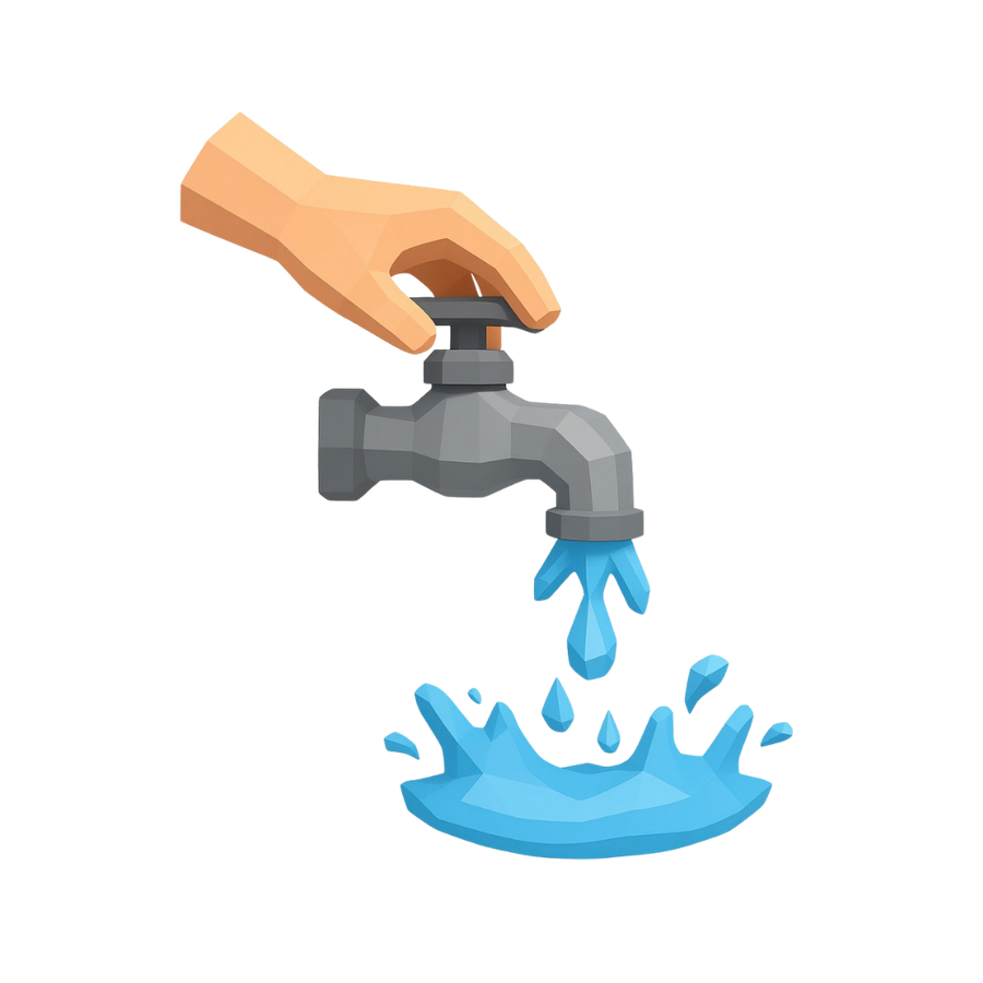 Illustration of a hand turning on a faucet with water splashing out, on a white background.