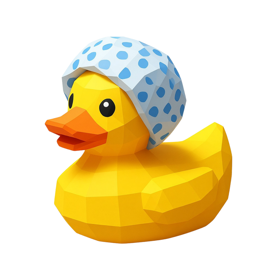 Yellow rubber duck wearing a blue polka dot shower cap on a white background